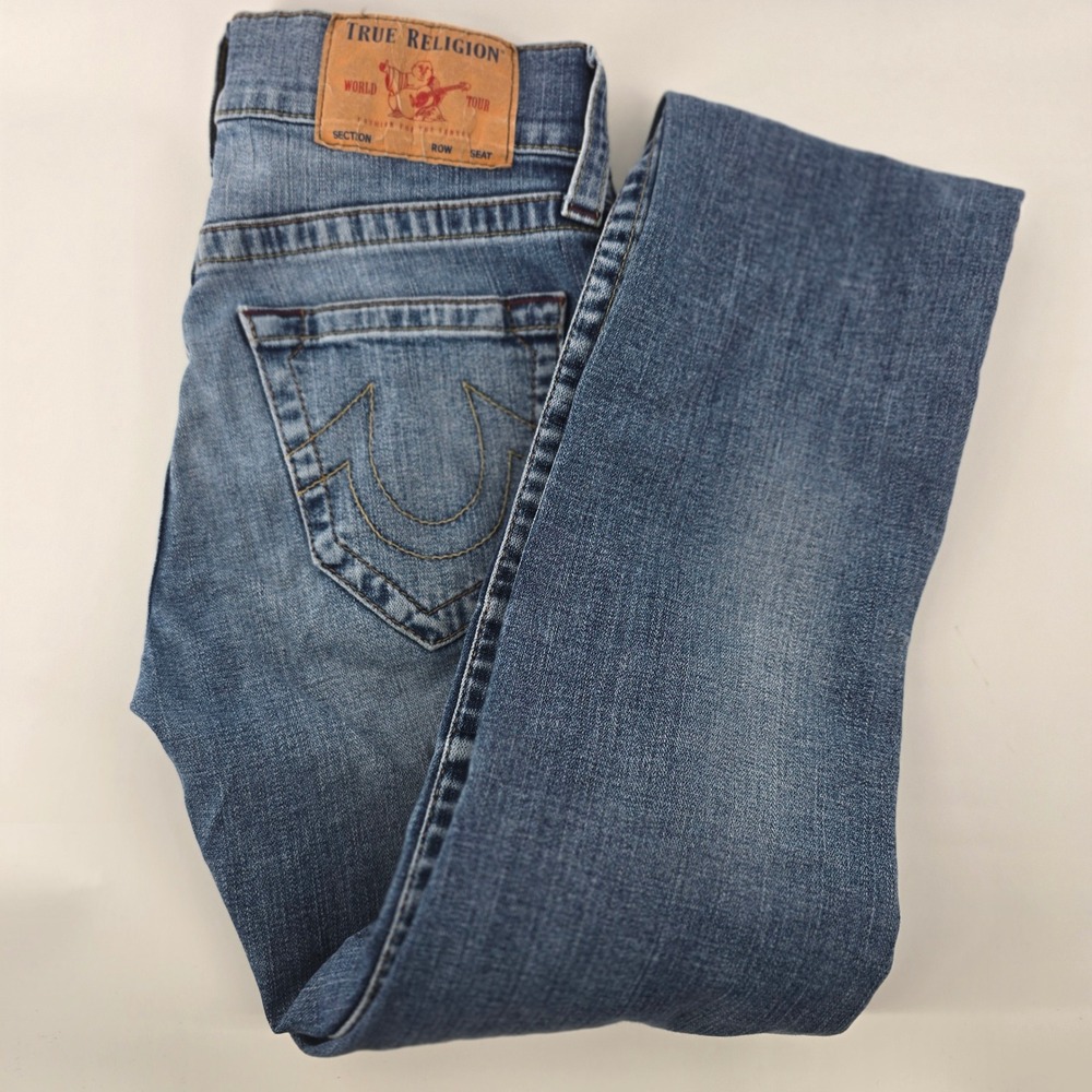 True Religion Jeans Mens 28 Blue Medium Wash Straight Horseshoe Embroidery